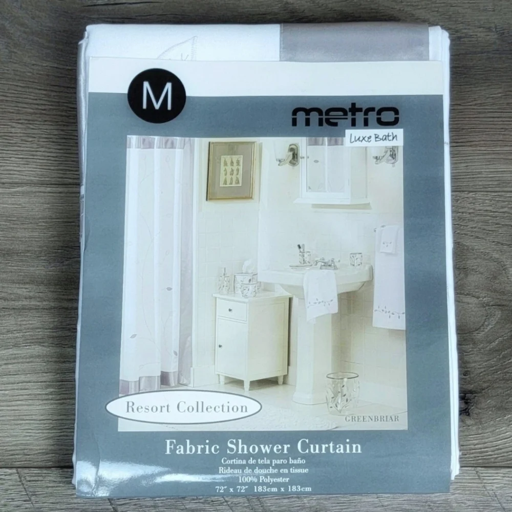 Metro Luxe Bath White & Silver Fabric‎ Shower Curtain NEW!